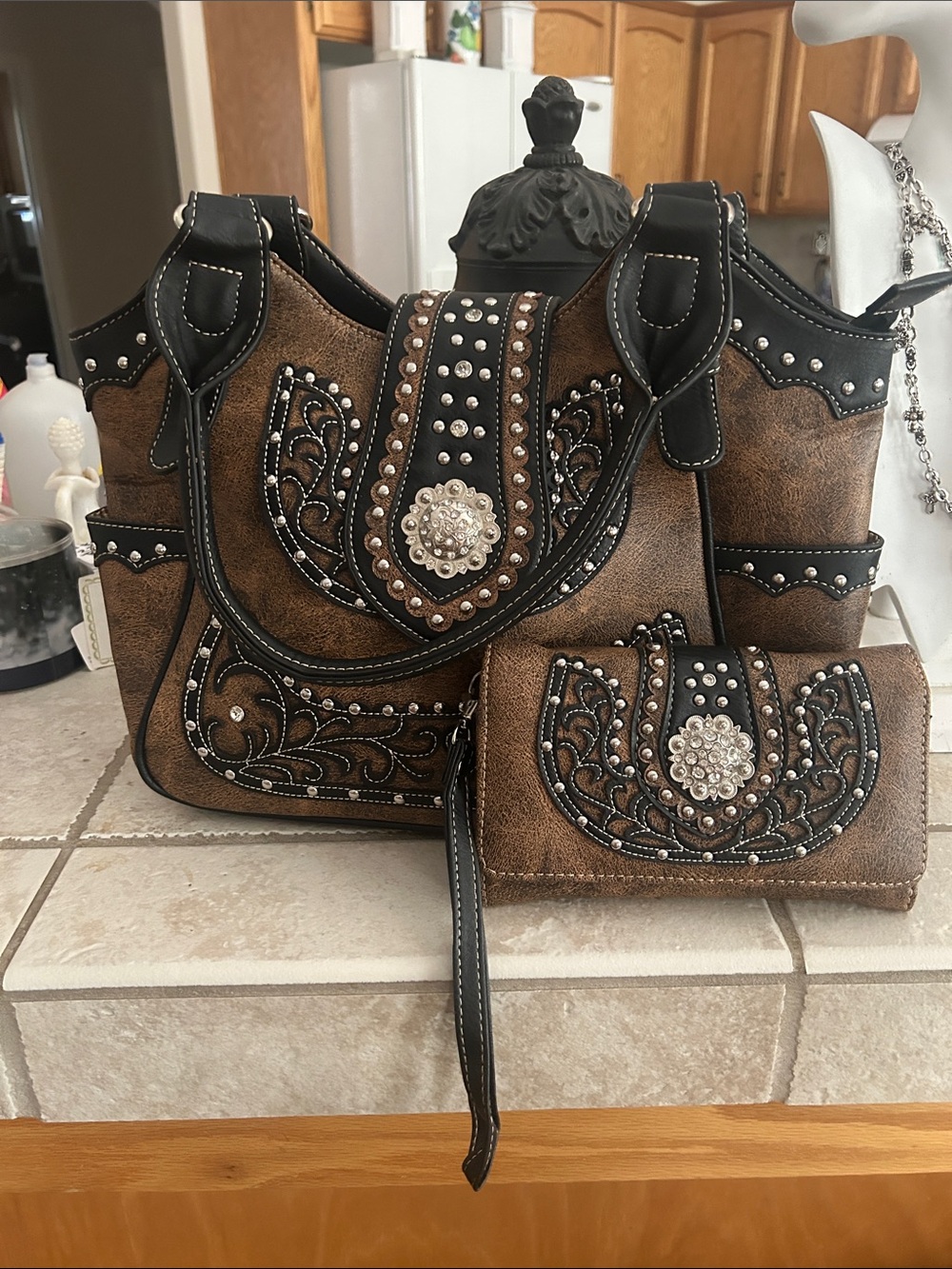 Brown and Black Embellished Shoulder Bag and Wallet Set VGUC